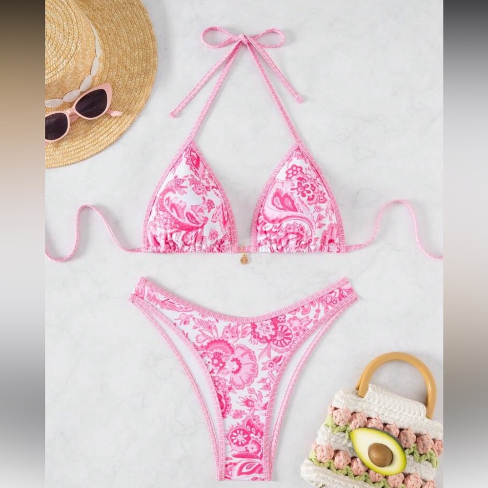 Pink Floral Bikini Set white L (8/10) large women brand new SHEIN swimsuit